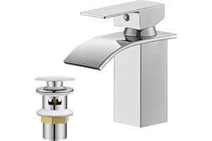 BESy Waterfall Spout Bathroom Sink Mixer Taps,Single Handle Basin Mixer Tap, Rv Lavatory Vessel Faucet,Stainless Steel,Polished Chrome