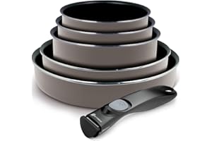 Battrinox 199952-Batterie de Cuisine- Set de 2 poêles 3 casseroles 1 poignée amovible -6 Pièces -Tous feux dont induction - Gris