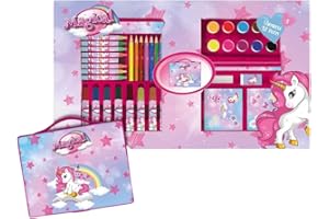 MARTA DA LEGARE Unicorno Valigetta Colori per Bambini,Set 52 Pz per Disegnare e Dipingere 1 Tavolozza con 10 Acquerelli 1 Pennello 1 Spugnetta 8 Pennarelli 8 Pastelli a Cera 1 Righello 1 Matita 1 Gomma Stickers