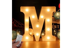 WHATOOK, Lettre LED lumineuse en forme de lettres de l'alphabet avec minuterie sans fil et télécommande à intensité variable pour anniversaire, fête, mariage, vacances, maison, bar (lettre M)