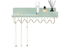 Lampaggio 29 Hooks Wall Mount Necklace Holder Organizer, Green Decorative Wood Jewelry Shelf with Gold Metal Wave Bar and Guardrail for Necklace, Pendant, Chain, Bracelet
