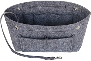 Joqixon Bag Insert Organizer, Felt Handbag Organizer with 15 Pockets, Folding Tote Bag Organiser Insert Zipper Bags for Longchamp(DGrey, L)