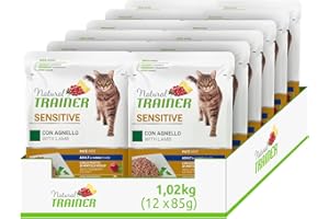 Natural Trainer Sensitive Mangime umido per Gatti Adulti con Agnello - 12 Buste x 85gr - 1020 gr