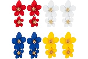 Weenkeey 4 Pairs Bohemian Daisy Flower Earrings Floral Petal Drop Dangle Earrings Metal Double Flower Earrings for Women Girls - White Yellow Red Blue