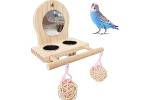 Joyeee Bird Mirror for Cage, with2 Pcs Stainless Steel Bird Feeding & Watering Cup, Bird Perch and Bird Training Toys Small Rattan Balls for Budgies, Parakeets, Lovebirds and Finch Canaries Cage