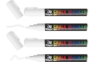 WISYOK 4pcs Feutres Pour Tableau Blanc, Marqueur Essuyable à Sec et Humide, Stylos à Craie Pour Verre, Marquer Pour Vitres, Marqueur Craie Double Pointe 6mm - Blanc - 4 Stylo
