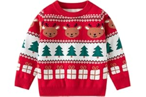 Fandecie Jersey Navideño Niño Niña,Cuello Redondo, Suéter de Punto con Reno Puro, Papá Noel Algodón 2-7 Años