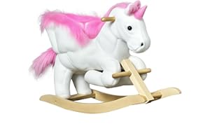 HOMCOM Cavallo a Dondolo a Forma di Unicorno con Musica, Struttura in Metallo e Legno, Rivestimento Peluche, 65x32x55cm, Bianco Rosa