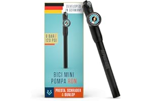 Alphatrail Minipompa Ron - Per tutte le valvole 8,3 Bar / 120 PSI pressione massima I manometro grande (Ø32mm) I Tubo flessibile estensibile da 15 cm I pompa bicicletta per presta, schrader & dunlop