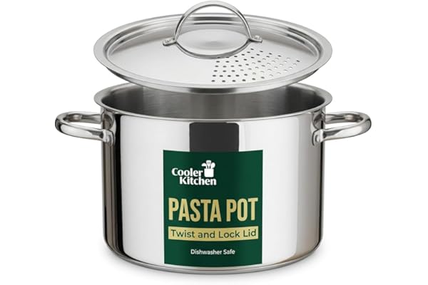Pastakanna i rostfritt stål med låsande sillock – 5,5 quart stor kapacitet matlagningskruka | Vrid och lås för enkel dränering och inget durkslag eller silkorginsats behövs