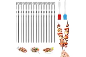 WWYSSZ Pique Brochette Inox 30cm, 24 Pièces Brochettes Inox pour Barbecue, Avec 2 Pinceaux à Huile, BBQ Brochettes à Viande en Acier Réutilisables Brochettes en Métal Plat,pour Barbecue,Viande,Légumes