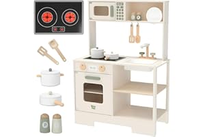 Nene Toys Cuisine Enfant en Bois – Cuisine Jouet pour Enfants avec Lumière et Son, Évier, Micro-Ondes et Four, Étagères et Crochets + Accessoires – Jeu Montessori dès 3 Ans – Cadeau Filles et Garçons