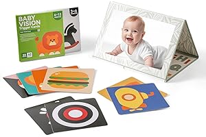 WOODEN TEETHER Montessori - Miroir pour bébé - Jouet pliable - Jouet pour nouveau-né - 0, 3, 6, 12 mois - Avec cartes stimulantes visuellement - Cadeau pour nouveau-né