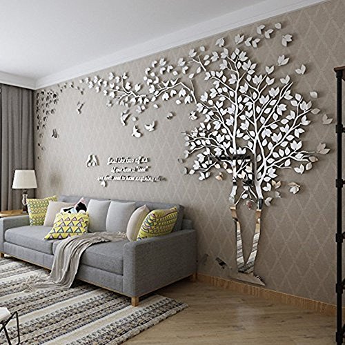 VineCrown 3D Huge Tree Wall Stickers DIY Birds Forest Wall Decal Art Murals Crystal Acrylic Wall Decor for Nusery Living Room Bedroom Home Decoration (M, Silver, Left)