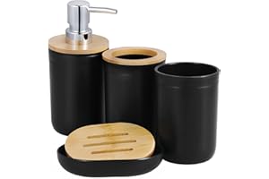 HonGien Bathroom Accessory Set,4Pcs Bathroom Decoration Accessories with Toothbrush Holder, Mouthwash Cup, Lotion Bottle and Soap Dish (Black)