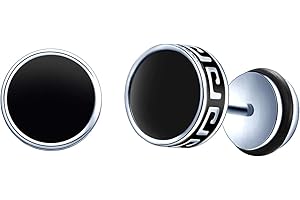 MICVIVIEN Circle Round Studs with White/Black Enamel Stainless Steel Ears Plugs Round Screw Studs Earrings Set for Men and Women, 16 Gauge