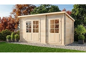 ‎CARLSSON Alpholz Gartenhaus Martina-28 mit Anbau aus Massiv Holz | Gerätehaus mit 28 mm Wandstärke | Garten Holzhaus inklusive Montagematerial | Geräteschuppen 450 x 200 cm | Pultdach