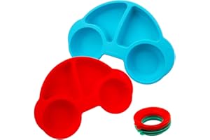AUNEOS Silicone Divided Toddler Plates - Portable Non Slip Suction Plates for Children Babies and Kids BPA Free FDA Approved Baby Dinner Plate with Spoon Fork (New Car Blue/Red)
