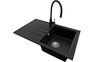 PRIMAGRAN Evier Cuisine en Granit Noir 78x50cm, Lavabo 1 bac + Kit de Vidage, Évier à Encastrer al mueble 45cm - Milan S017