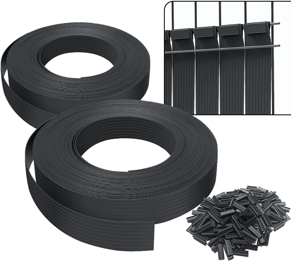 VOUNOT® Kit de lamelles Occultantes PVC 150m x 4.7cm 300 Clips Brise Vue de Qualité Bandes de Protection pour Panneau Grillagé Clôtures Rigides Noir
