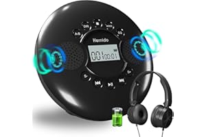 Hernido Tragbare CD-Player mit Kopfhörern, Stereo-Lautsprecher, wiederaufladbarem Akku, Anti-Skip/Shockproof, USB/AUX, Schwarz für Auto und Zuhause/Traval