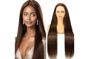 Salharer Parrucca Donna Capelli Veri Umani 13x1 Lace Front Wig Straight Human Hair Wig Chocolate Brown Wig Pre Plucked with Baby Hair 180% Density Hair 24 Pollice