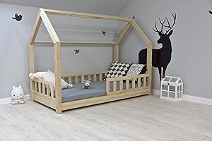 ‎BEST FOR KIDS Best For Kids Kinderbett Hausbett Kinderhaus mit Rausfallschutz Jugendbett mit 10 cm Matratze Natur Haus Holz Bett (90x200 cm ohne Matratze)