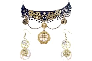 JinYu Juego de gargantilla y pendientes steampunk para disfraz de estilo steampunk de Halloween, punk, estilo retro, reloj de engranaje, para mujer, gótico