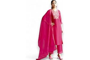 RANGMAHAL STORE RangMahal Indische Damen-Kurta-Hose, handgefertigt, reine Baumwollmischung, bestickt, Dupatta-Set