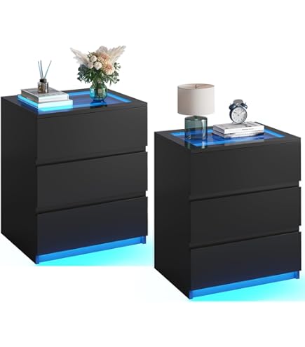 Brinlawb Nachttisch 2er Set Mit LED-Beleuchtung - Schmal Mit Ladestation & Schubladen