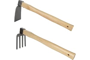 GOYADA 2PCS (1 PC Garden Digging Hoe 1 PC Garden Cultivator Rake), Hoe Garden Tool With Wooden Handle, Garden Planting Hoe and Rake For Loosening Digging Weeding Seedling Transplanting Cultivation