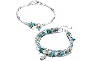 ARHZ Anklet for Women, Double Deck Anklets for Women, Anklet Women, Bohemian Anklets, Starfish Sea Turtle Beads Anklets, Beach Accessories for Women and Girls