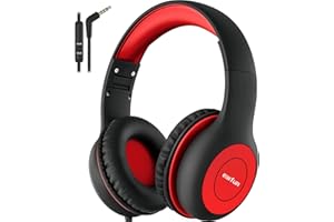 EarFun Kids Headphones, Foldable Headphones for kids, 85/94dB Volume Limiter, Sharing Function, Stereo Sound, Adjustable Headband, Wired Children Headphone with mic for School/Travel/Phone, Black Red