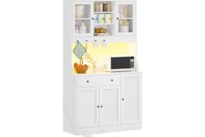 KIMENICH Credenza, Credenza Cucina con LED, Presa Elettrica, Ripiani Regolabili, Mobile Buffet con Cassetti, Armadio da cucina, Piano di Lavoro, Grande Spazio, Cucina, Sala da Pranzo, 103.5*40*180 cm, Bianca