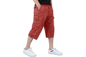 KEFITEVD Men's Casual Twill Elastic 3/4 Cargo Shorts Loose Fit Multi-Pocket Capri Long Short Pants