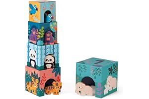 Janod - Piramide Baby in Cartone e Personaggi in Legno Animali - Giocattolo Educativo Prima Infanzia - Osservazione e Coordinamento - Collaborazione WWF - Certificato FSC - Da 1 Anno in Su, J08623