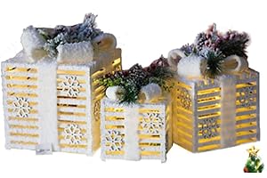 Netagon Set of 3 Indoor Home Under Tree Decorations Light Up Illuminated LED Gift Boxes Box Set with Bow Detail (White Frosted Snow Ribbon)