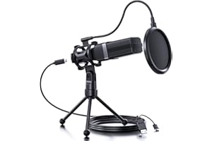 SOOMFON Micrófono USB PC de Cardioide 16mm Núcleo Microfono Streaming Condensador Ultra Clara con Soporte de Choque, Filtro Pop, Trípode y Botón Silencio, Micro para Mac/Windows/Móvil, Youtube/PS4/5