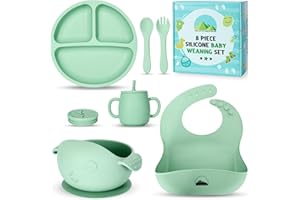 THE LITTLE CHILTERN CO Little Chiltern Co Baby Weaning Set - 8 Pcs Silicone Baby Feeding Set with Adjustable Bib, Suction Bowl & Plate, Cup, Fork & Spoon - Microwave & Dishwasher Safe - Self Eating Utensil Set - Green