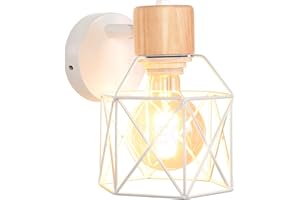 iDEGU Lampada da Parete Vintage 15CM Applique da Parete in Legno Metallo Design Gabbia Industriale E27 Illuminazione Interni Lampada a Muro per Corridoio Soggiorno Camera da Letto (Bianco)