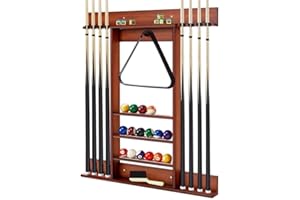 SPOTRAVEL Billiards Pool Cue Rack, Wall Mounted Cue Rack Stand with 3 Tiers Ball Slots & 8 Clips, Billiard Pool Table Accessories for Club (Brown)
