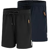 LACOFIA 2 Pieces Shorts Quick Dry Boy Shorts Summer Lightweight Sports Zipper Pockets Elastic Waist for 6~14 Years