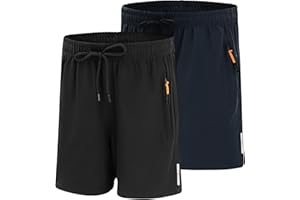 LACOFIA 2 Piezas Pantalones Cortos Secado Rápido Niño Shorts Verano Deportiva Ligero con Bolsillos con Cremallera Cintura Elástica para 6~14 años
