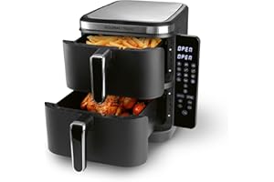 ‎GOURMETMAXX GOURMETmaxx FryUp Vertikale Doppelkammer Heißluftfritteuse | Airfryer 10 Liter | 4 Speisen auf 4 Ebenen | klappbares Touchdisplay | 32% platzsparender | Heißluftfritteuse 2 Kammern