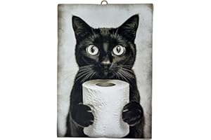 KUSTOM ART Cuadro serie animales decoración baño gato negro con papel higiénico impresión sobre madera 25 x 18 cm