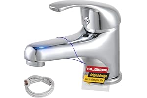 KUZOR 1PC Brass Mixer Tap with G1/2 UK Standard Water Hoses - Modern 5-Minute Installation Single Lever Sink Faucet for Bathroom/Basin/RV/Vanity - Height 4.96 in, Weight 1.85lbs - Chrome