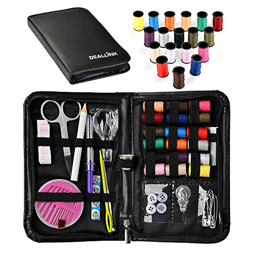 Deallink Nähset Nähmaschinengarn für Zuhause, Reise und Notfall, mit Schwarzer Ledertasche