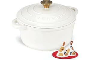 ‎OVERMONT Overmont Bräter emaille Gusseisen Topf - Schmortopf 26cm backofengeeignet - mit Deckel und Kochbuch - für Küche Backen Schmoren Braten Perlweiß