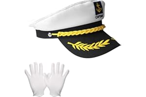 BEIIEB 1 Piece Captain Hat with 1 Pair of Gloves, White Summer Vintage Navy Hat, Captain Navy Sailor Hat, Adjustable Boat Accessories for Women Men, for Stage Performance.