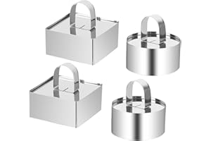 RUCUDIM Cercles de Présentation, 4 Pcs 8 cm Acier Inoxydable Emporte Piece Patisserie, Emporte Piece Rond avec Poussoir pour Gâteau Mousse Dessert (Rond et Carré)